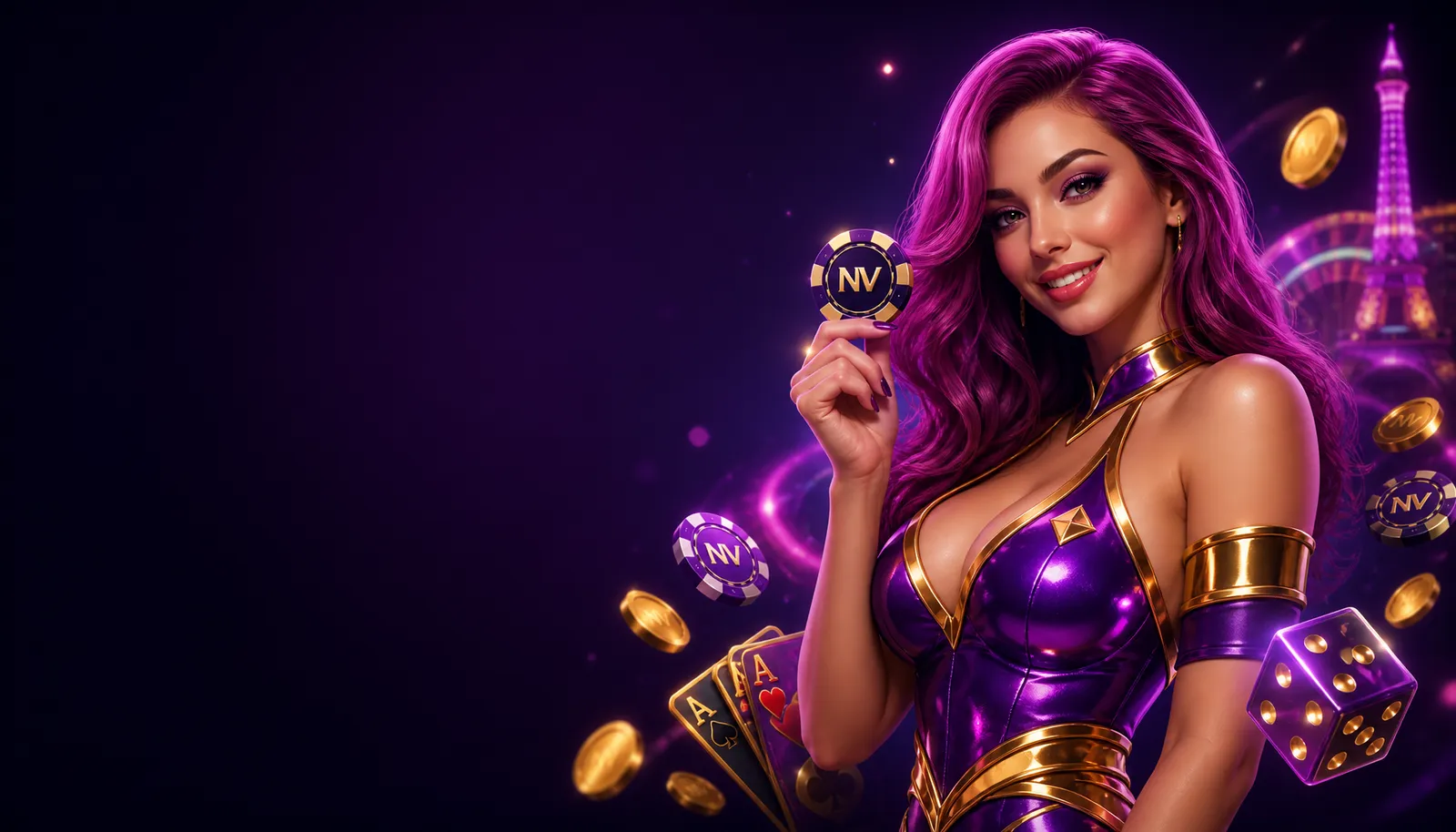 Stylized NV Casino hostess with neon pink hair holding a branded chip, surrounded by floating cards and dice, against a dark